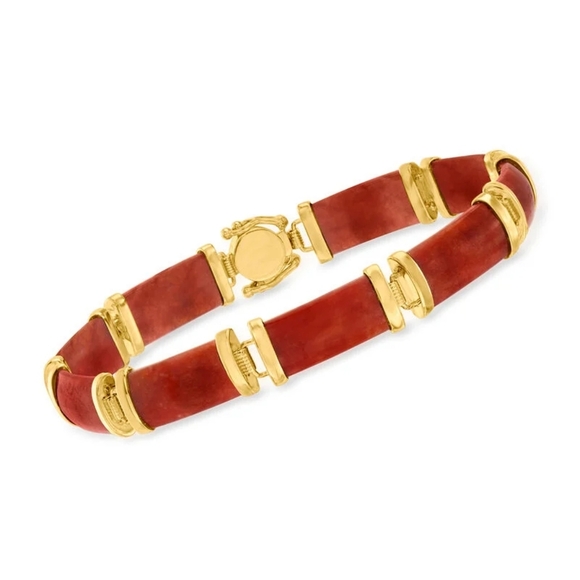 Ross & Simons Red Jade "Good Fortune" Bracelet in 18kt Gold Over Sterling - Picture 1 of 8